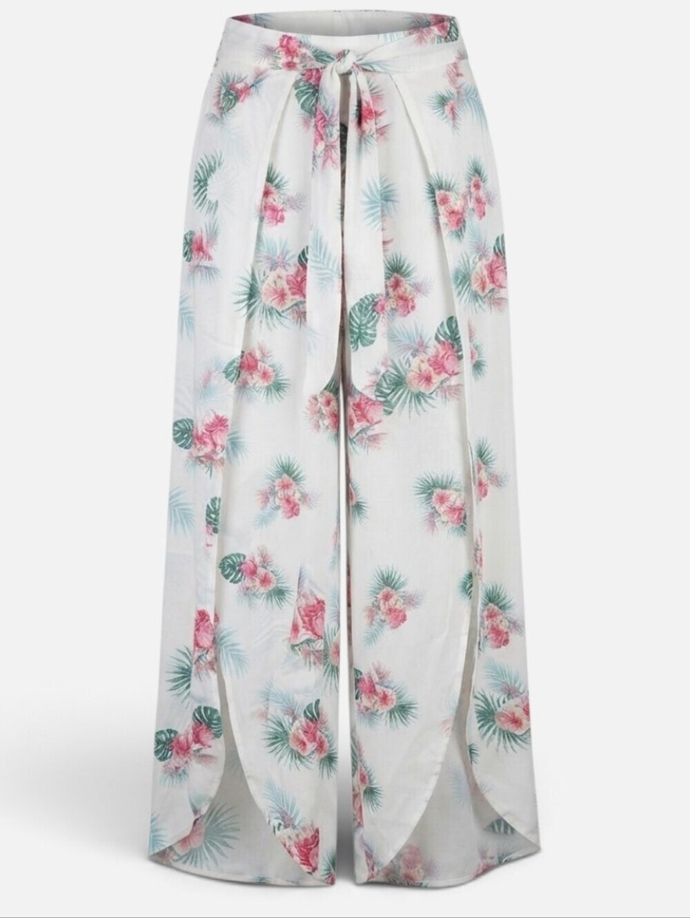Salty Lemon White Tropical Floral Wide Leg Split Flyaway Beach Pants Sz. Medium